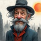 Whimsical Portrait of Elderly Man with City Skyline