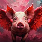 Whimsical Pig with Pink Wings in Dreamy Landscape