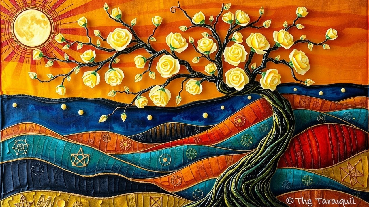 Golden-yellow rose tree with multicolored wave background