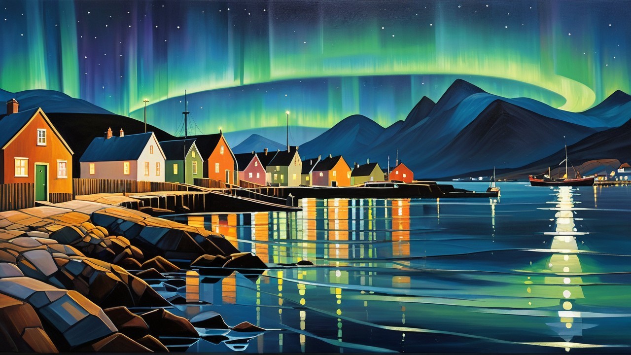 Coastal Village with Colorful Houses and Auroras