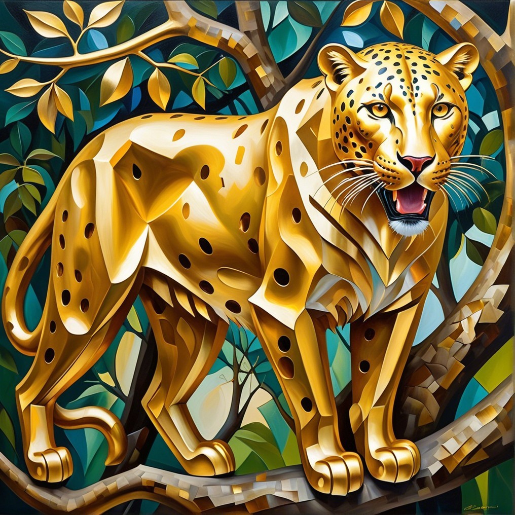 Golden leopard on a tree branch with vibrant colors