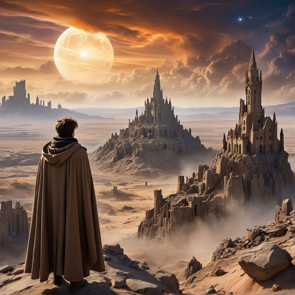Hooded Figure in Moonlit Castle Landscape