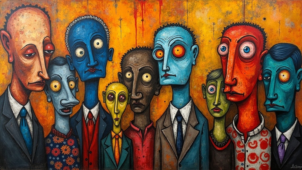 Vibrant Painting of Diverse Figures with Exaggerated Features