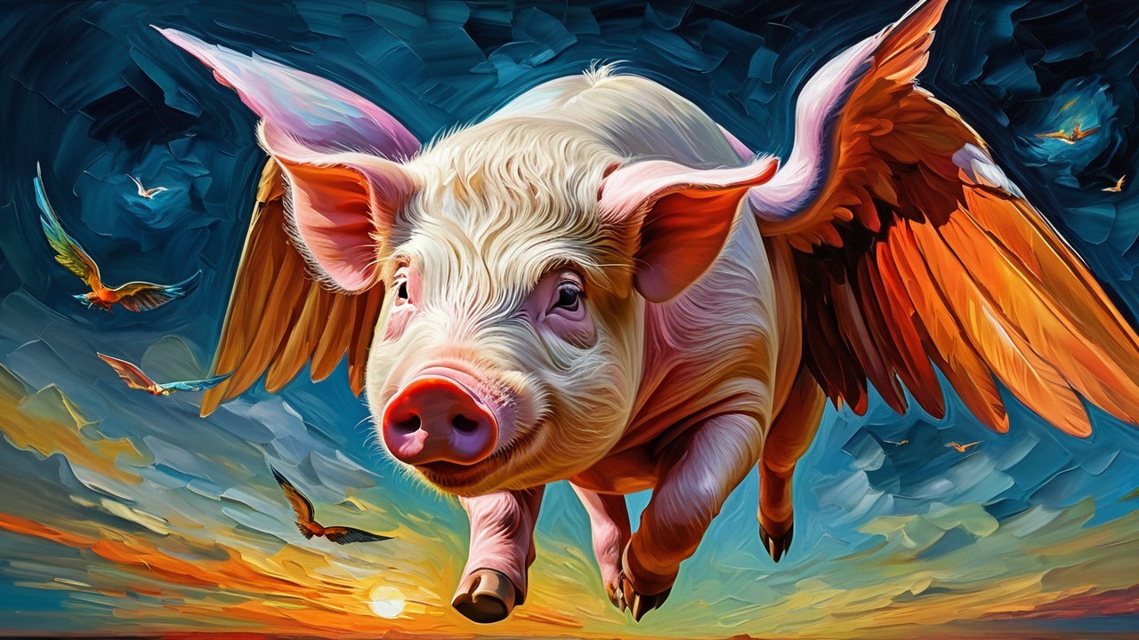 Pig with Wings Flying in a Colorful Sunset Sky