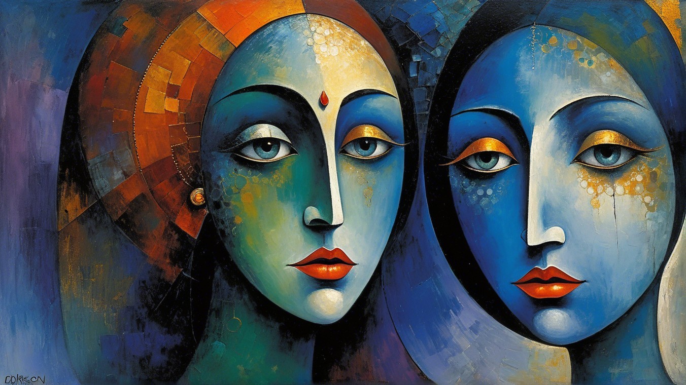Stylized Female Faces in Vibrant Blue and Red Tones