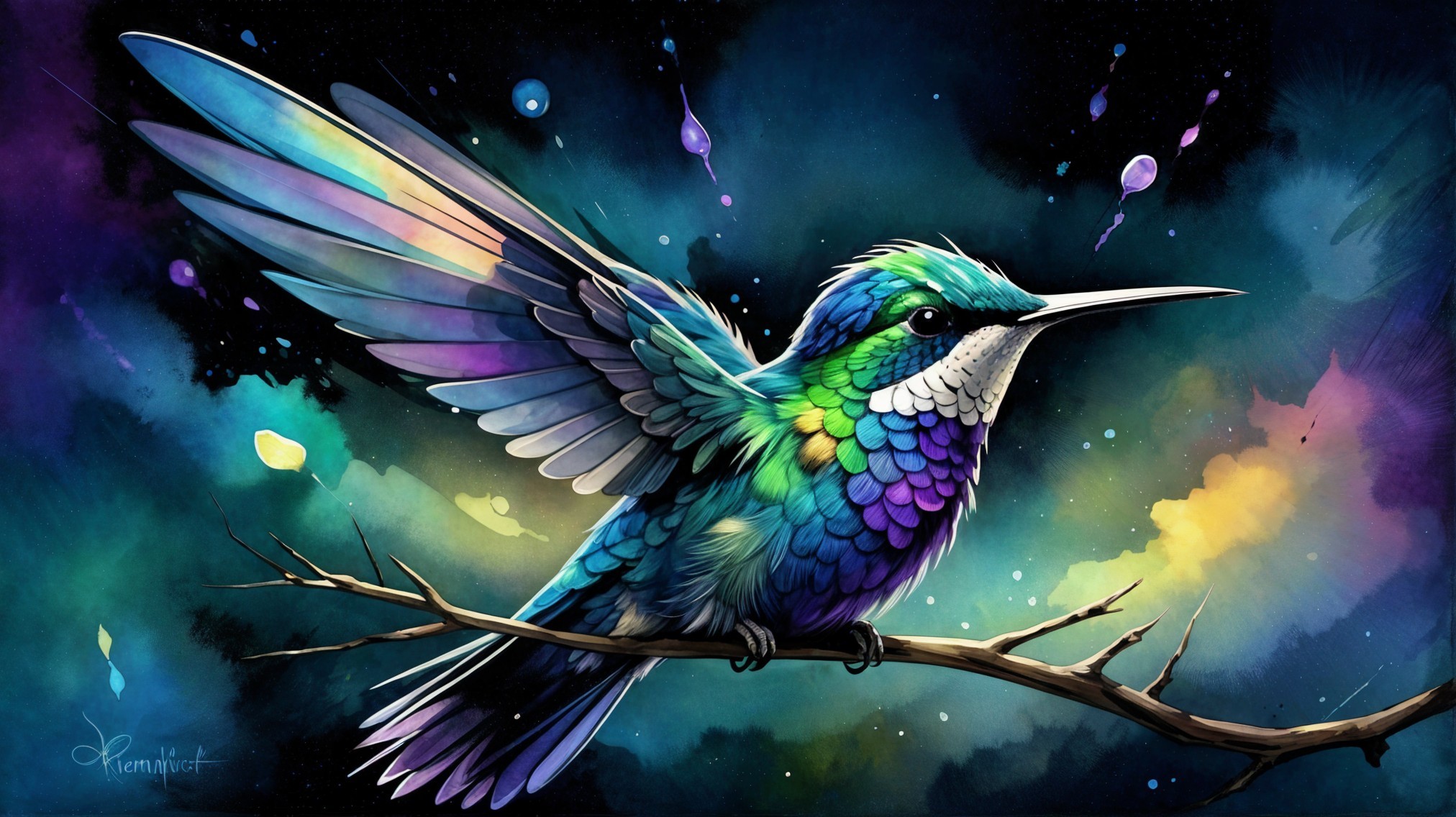 Vibrant Hummingbird with Iridescent Feathers on Branch
