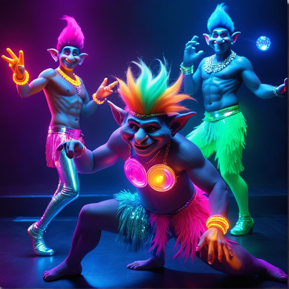 Vibrant Troll-Like Characters in Neon-Lit Setting