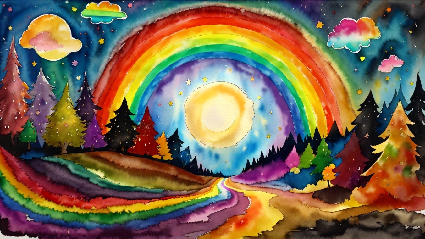 Vibrant Watercolor Landscape with Rainbow and Trees