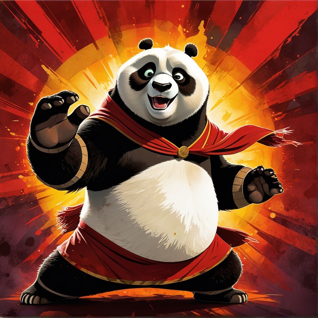 Cartoon Panda in Action Pose with Vibrant Background