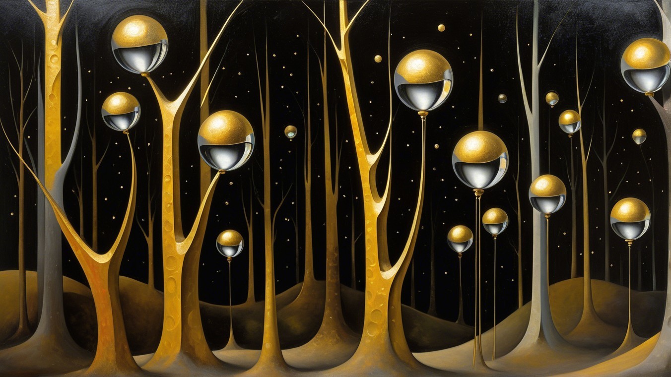 Surreal Landscape with Golden Trees and Orbs