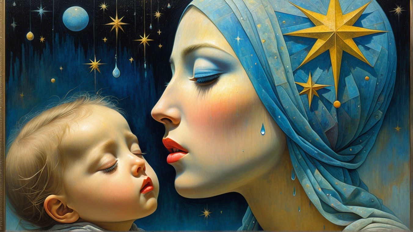 Ethereal Woman with Starry Headscarf and Child