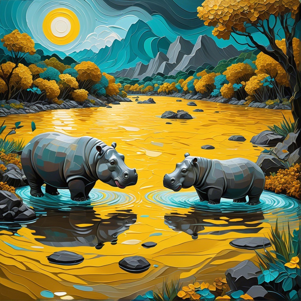 Whimsical Hippos in a Golden River with Autumn Foliage