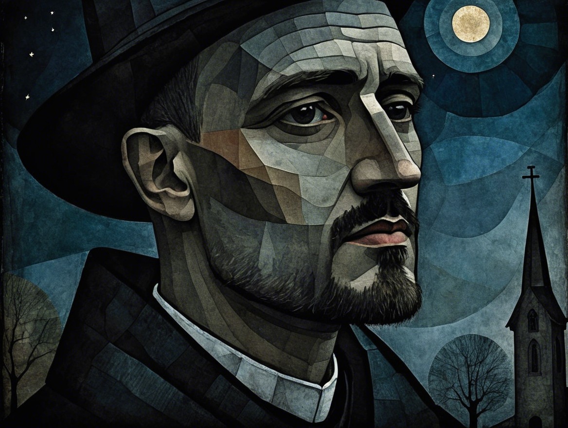 Stylized Portrait of a Somber Man in Night Sky