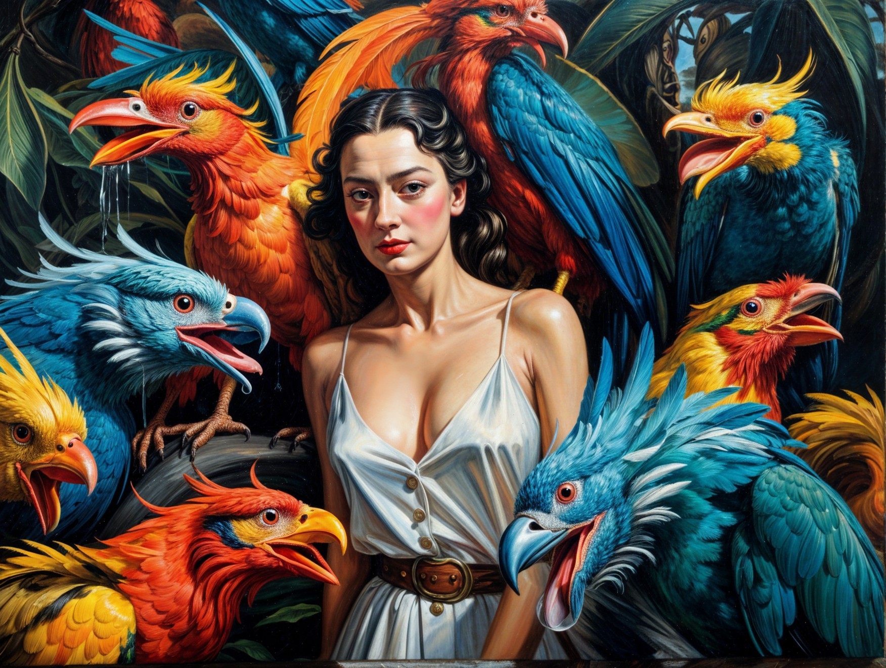Woman in White Gown Surrounded by Colorful Parrots