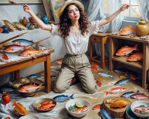 Woman in Straw Hat in Colorful Artist's Studio