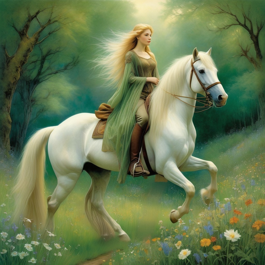 Woman in Green Gown Riding White Horse in Nature