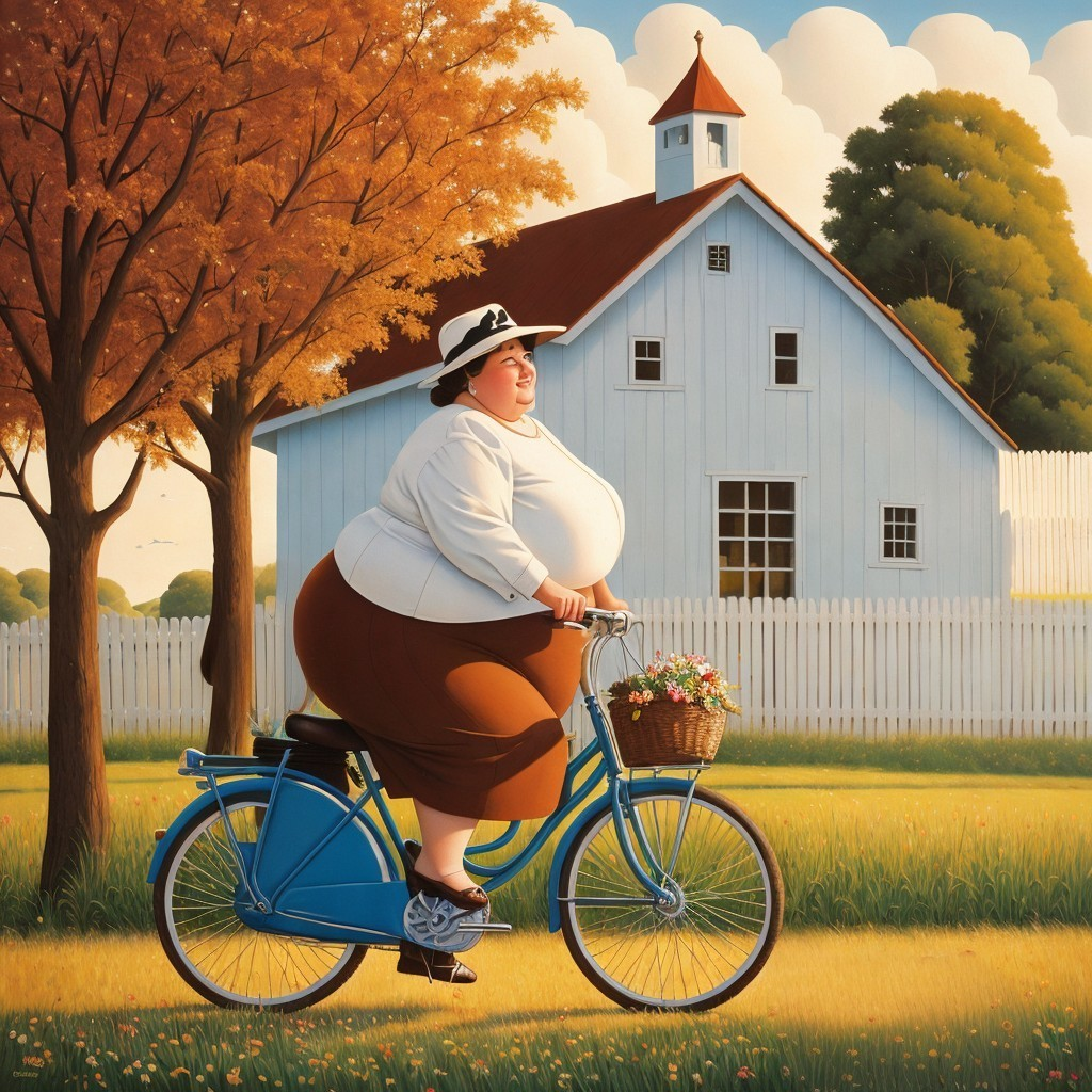 Cheerful woman cycling by a white barn on a sunny day