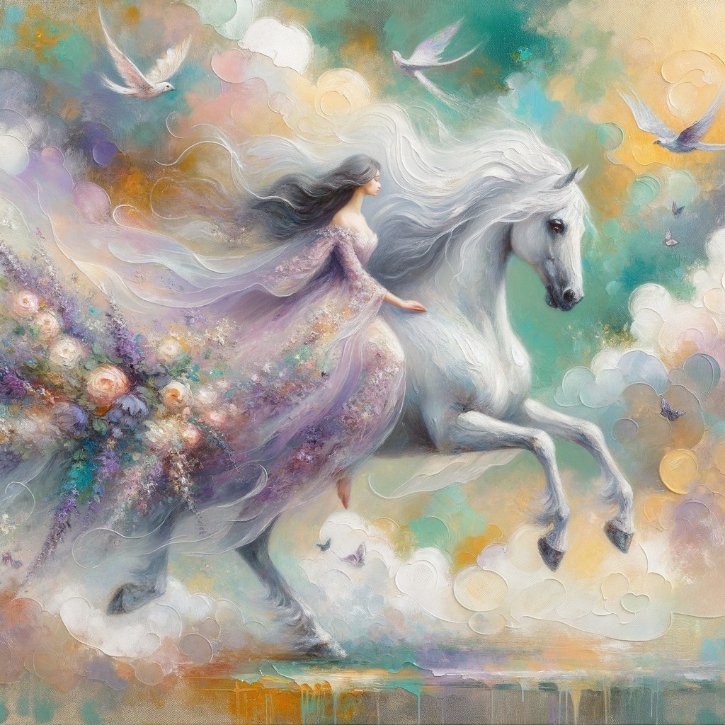 Whimsical Scene of Woman in Lavender Gown on Horse