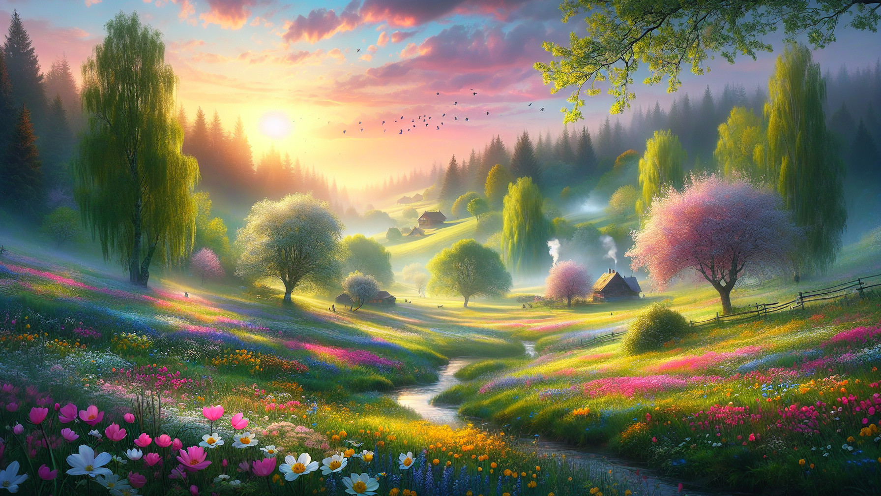 Picturesque Sunrise Landscape with Wildflowers and Cottages