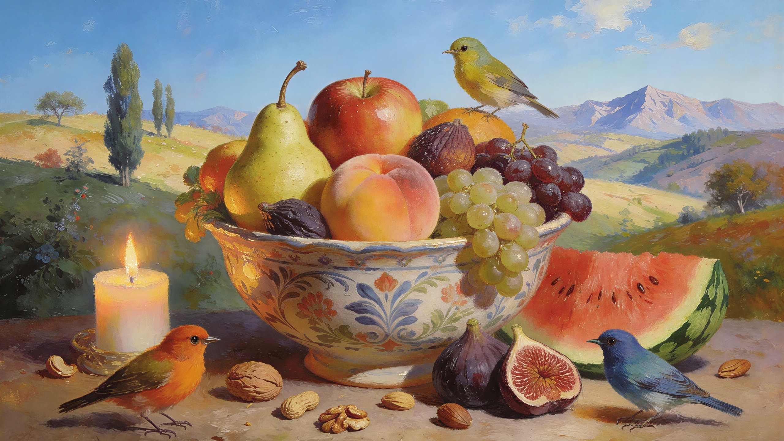 Still Life Oil Painting with Fruits and Birds
