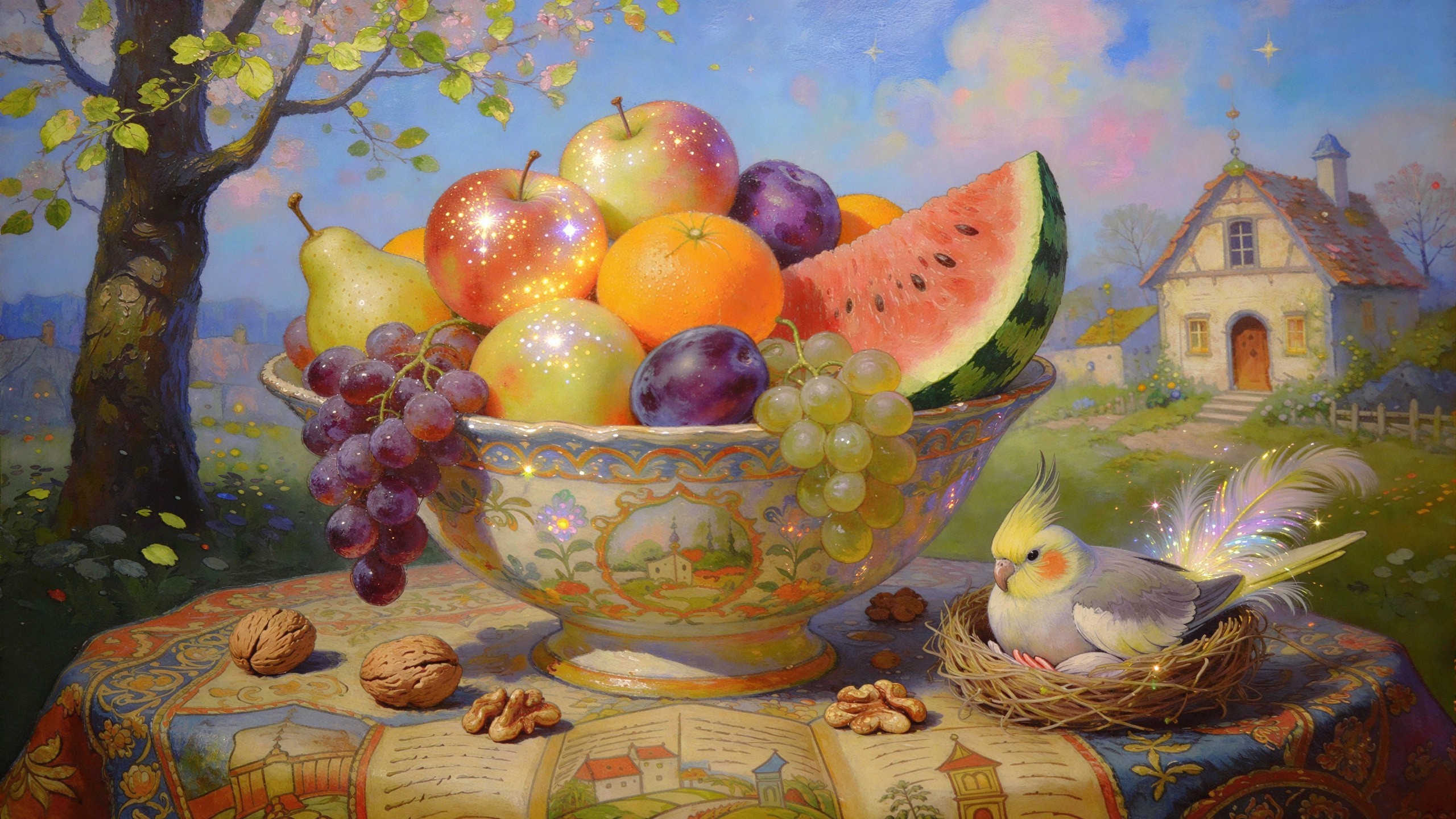 Colorful Still Life with Fruit and Cockatiel Details