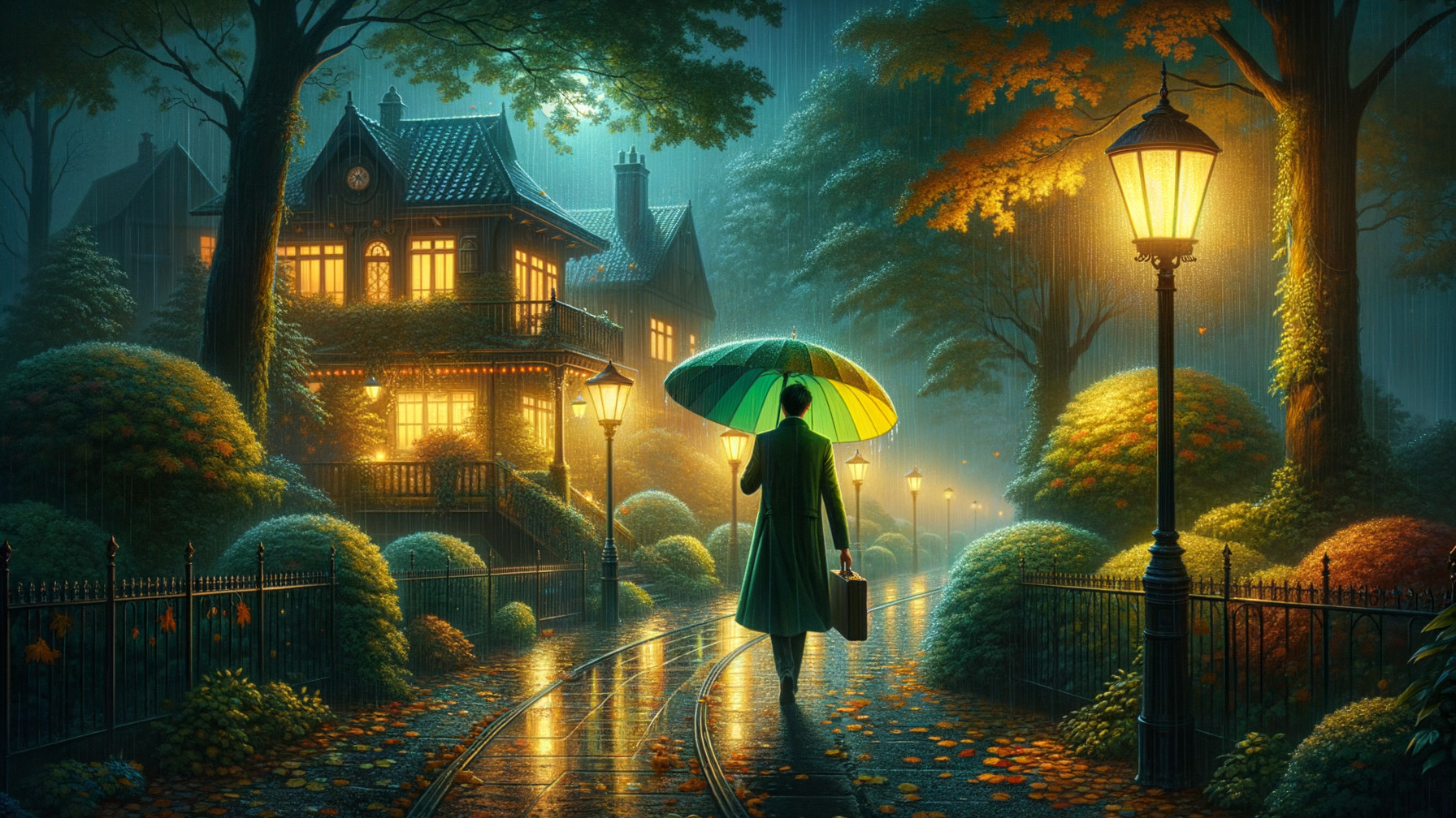 Misty Evening Scene with Umbrella and Glowing Path