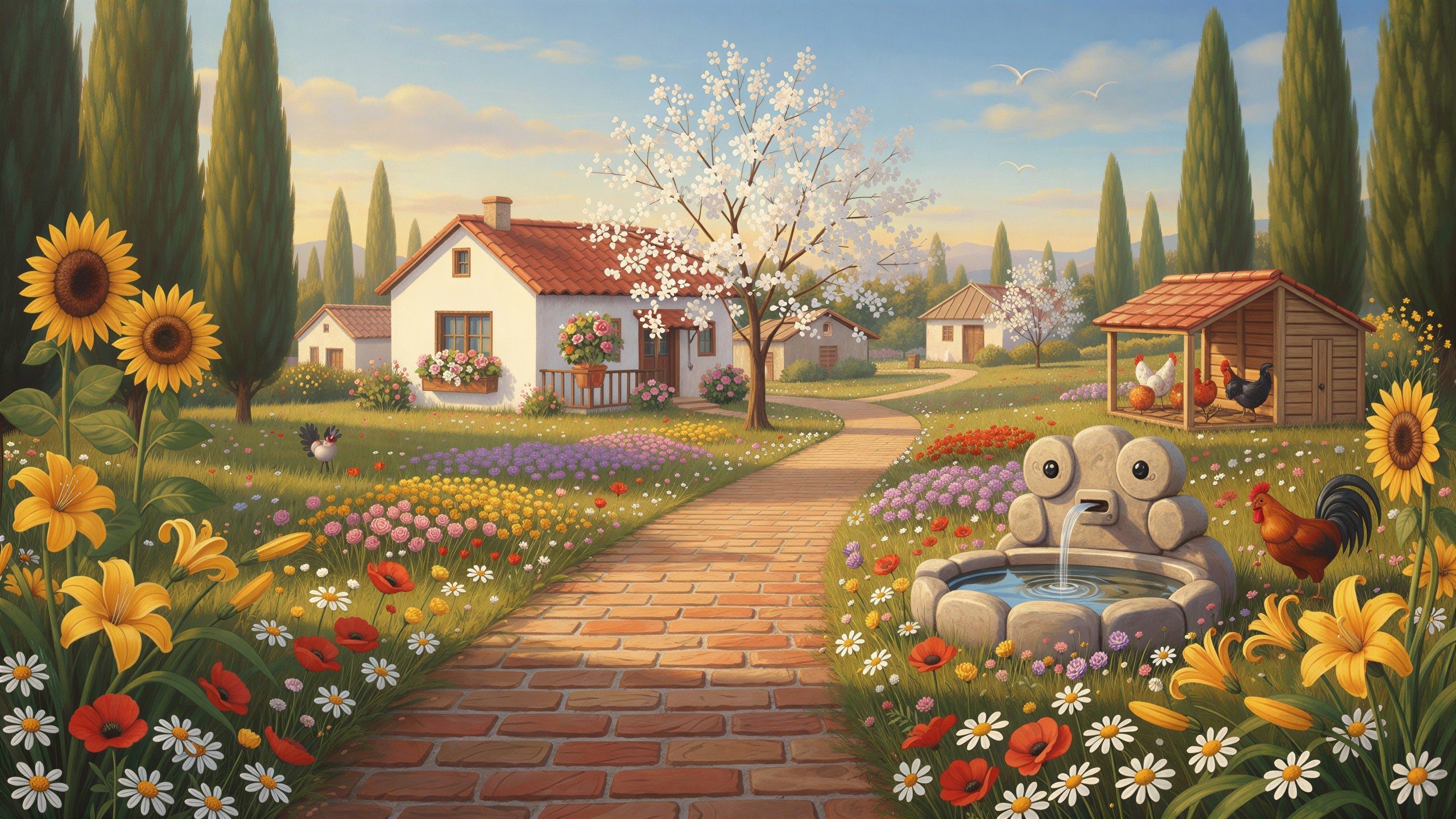 Charming Countryside Scene with Vibrant Garden Elements