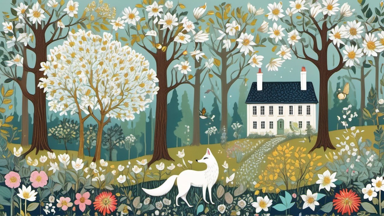 Serene Landscape with White House and Nature Elements