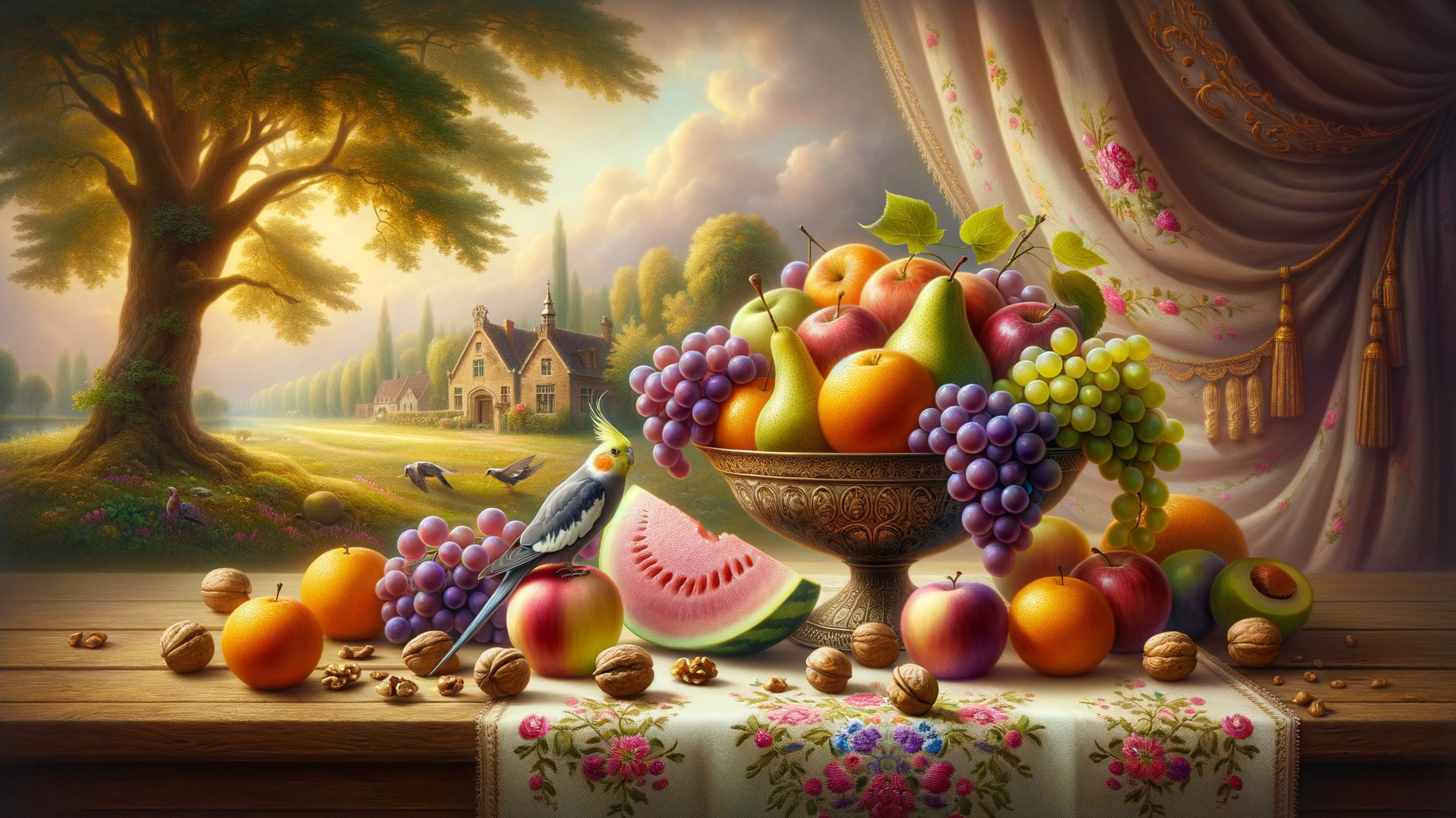 Vibrant Fruit Bowl with Serene Countryside Background