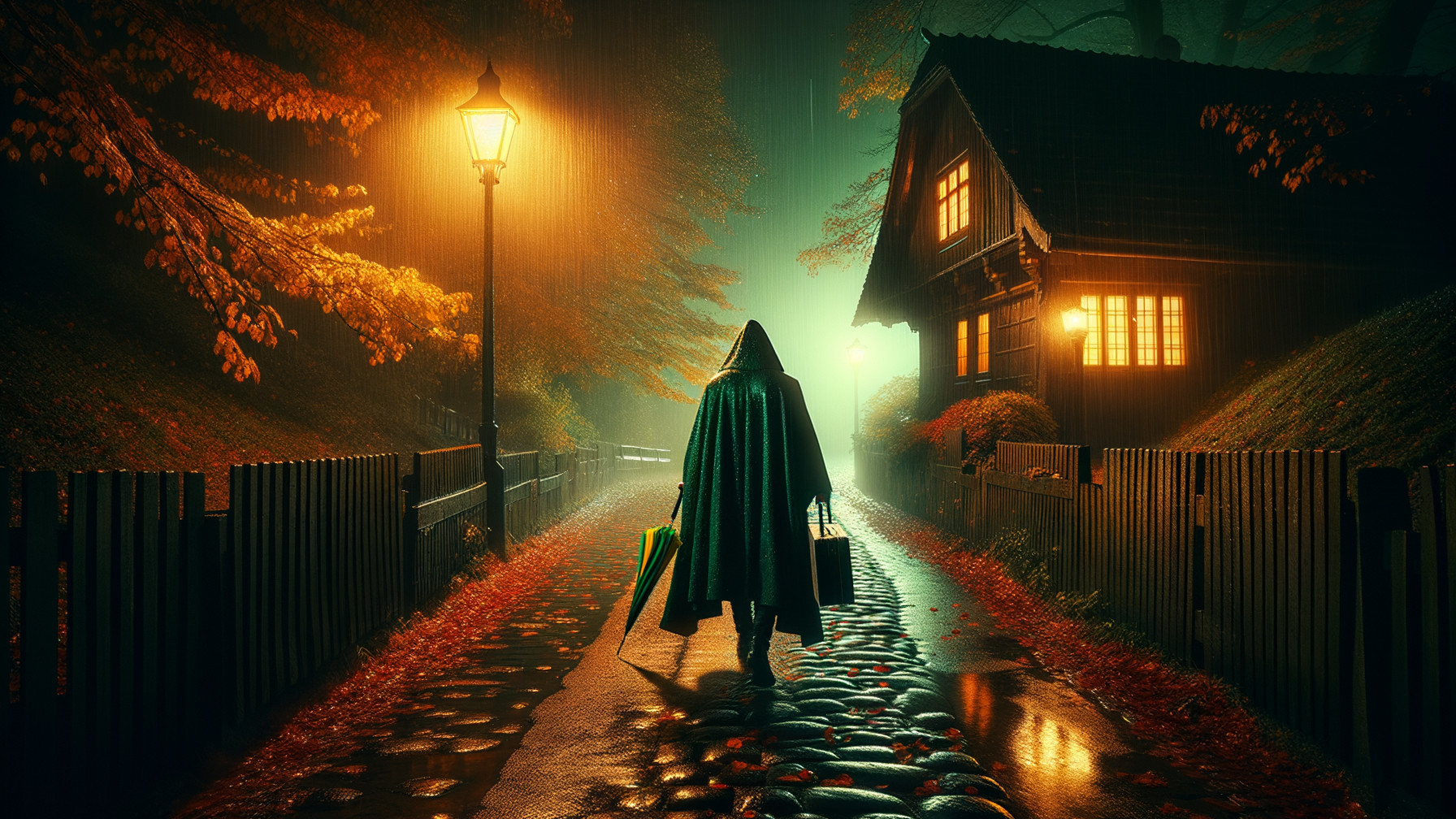 Cloaked Figure on Misty Cobblestone Path with Autumn Foliage