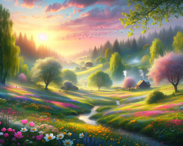 Picturesque Sunrise Landscape with Wildflowers and Cottages