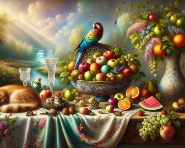 Vibrant Still Life with Fruits, Parrot, and Cat