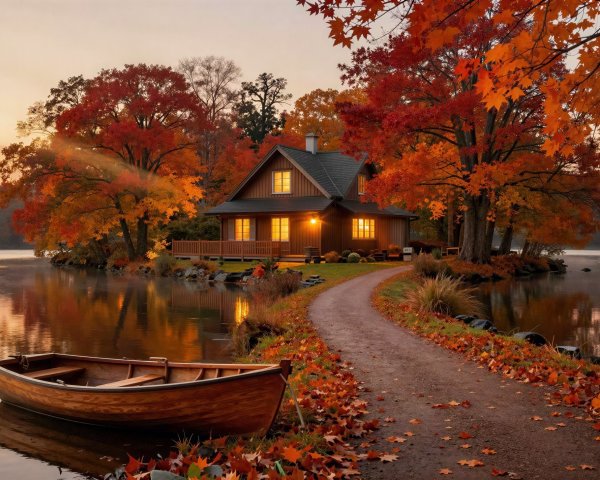 Autumn Landscape with Cozy House by Tranquil Lake