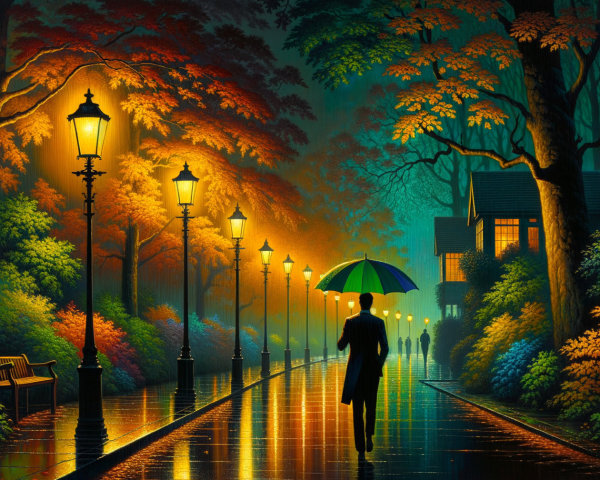Tranquil Night Scene with Autumn Foliage and Umbrella