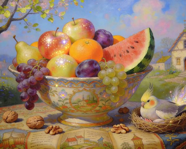 Colorful Still Life with Fruit and Cockatiel Details