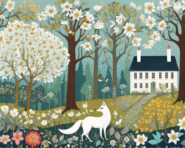 Serene Landscape with White House and Nature Elements
