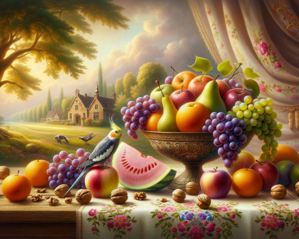 Vibrant Fruit Bowl with Serene Countryside Background
