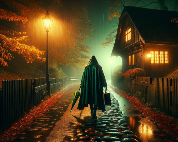 Cloaked Figure on Misty Cobblestone Path with Autumn Foliage