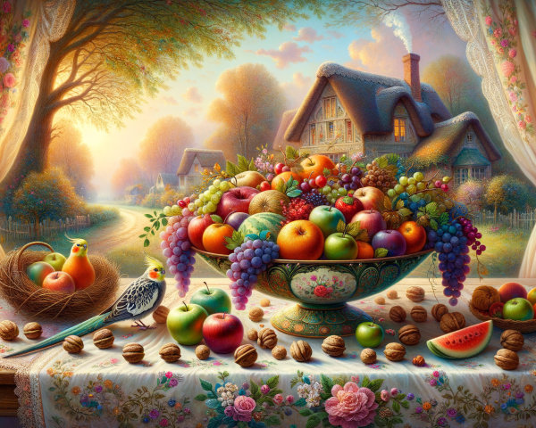 Vibrant Still Life of Fruits with Scenic Background