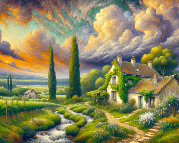 Charming Cottage in a Scenic Landscape at Sunset