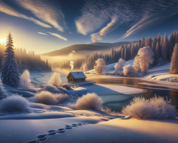 Winter Landscape with Cabin by Frozen River