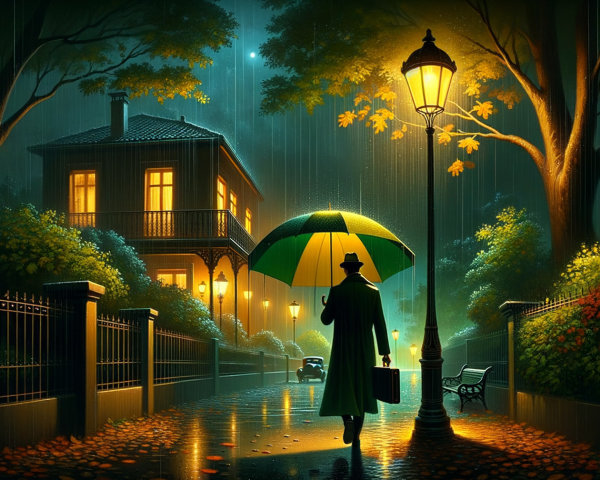Cozy Rainy Street Scene with Vintage Street Lamps
