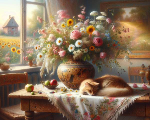 Lush Floral Arrangement in Dimly Lit Cottage Room