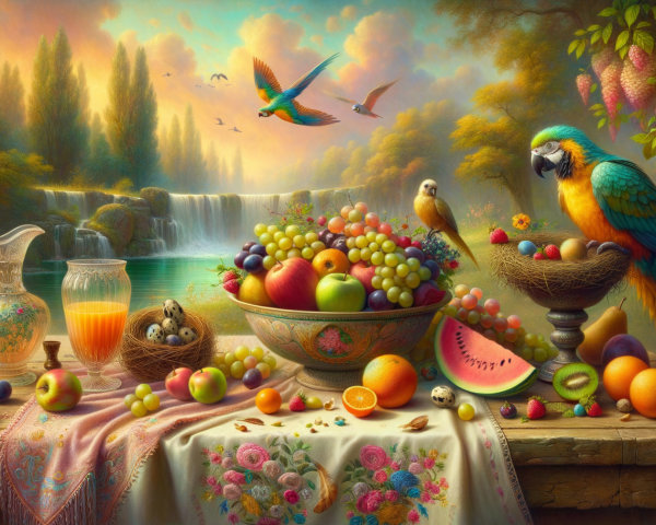 Vibrant Still Life with Fruits and Tropical Birds