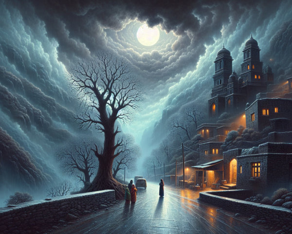 Serene Night Scene with Full Moon and Quaint Village