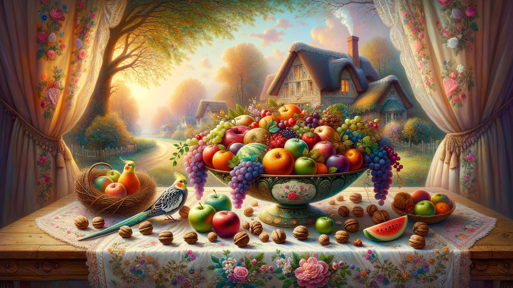 Vibrant Still Life of Fruits with Scenic Background