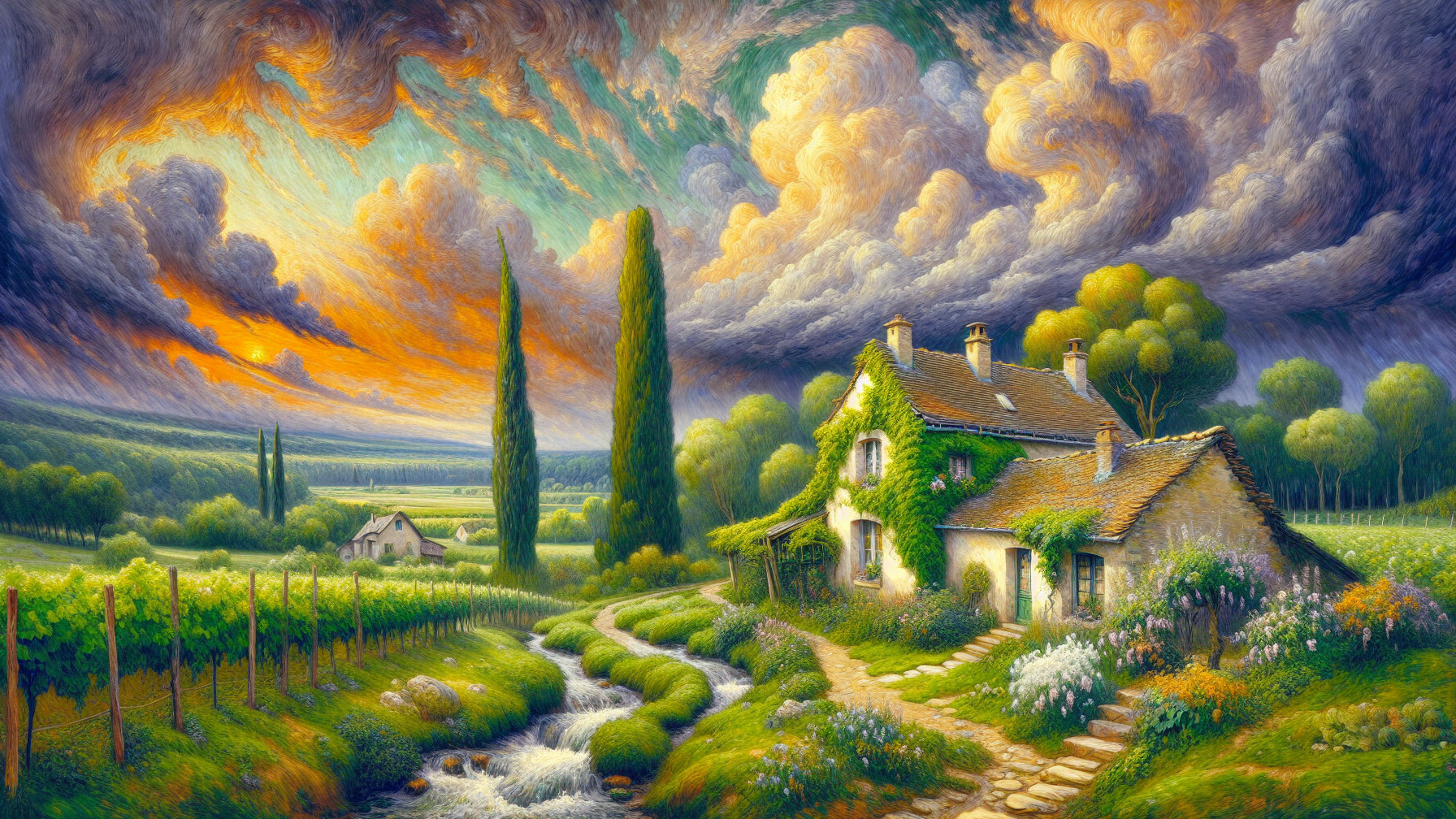 Charming Cottage in a Scenic Landscape at Sunset