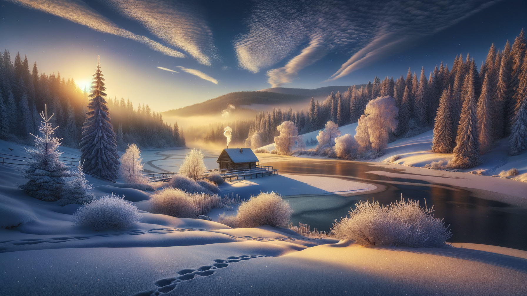 Winter Landscape with Cabin by Frozen River