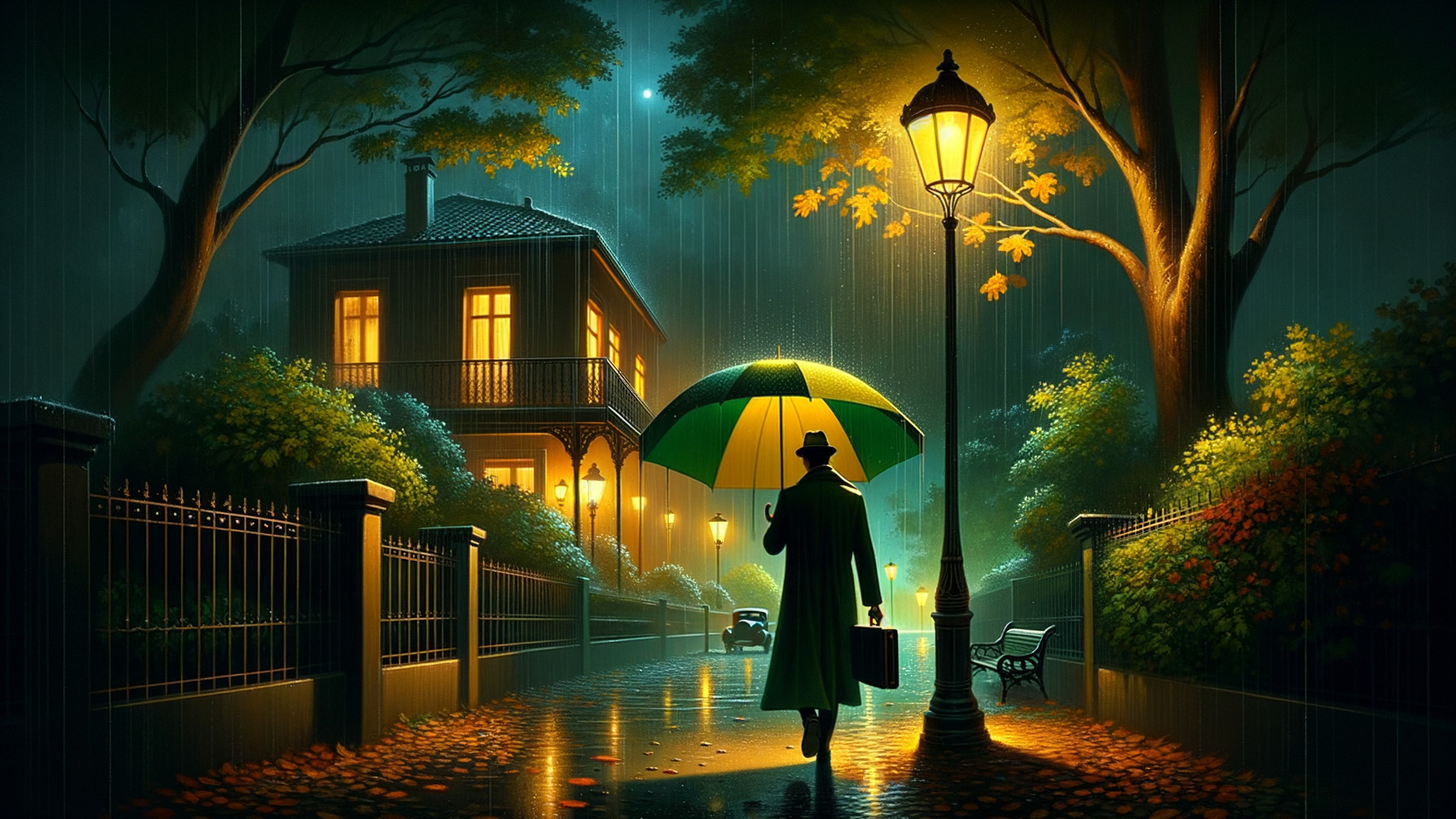 Cozy Rainy Street Scene with Vintage Street Lamps