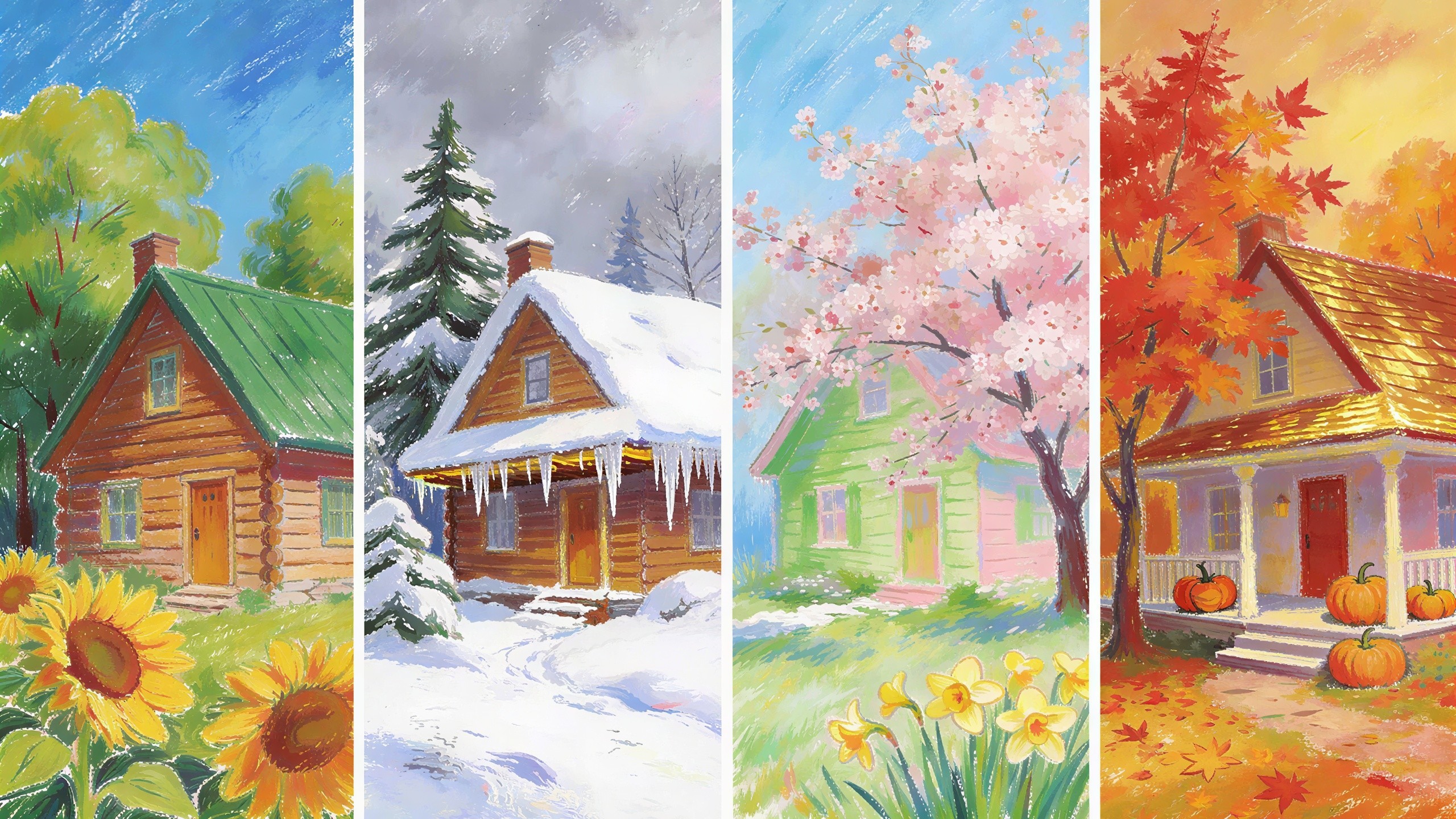 Four Vertical Panels Depicting Seasonal Landscapes